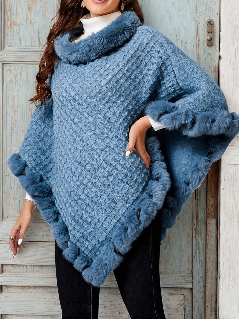 Knitted Poncho Sweater for Women with Faux Fur Collar and Trim in Blue, full-length view