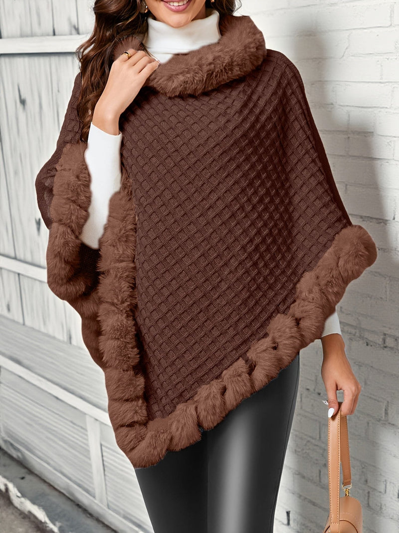 Knitted Poncho Sweater for Women with Faux Fur Collar and Trim in Coffee Brown, full-length view
