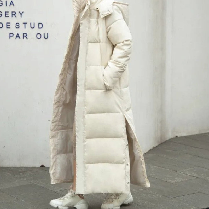 Hooded Maxi Puffer Coat for Women with Snap Button Side Slits in Beige, side view