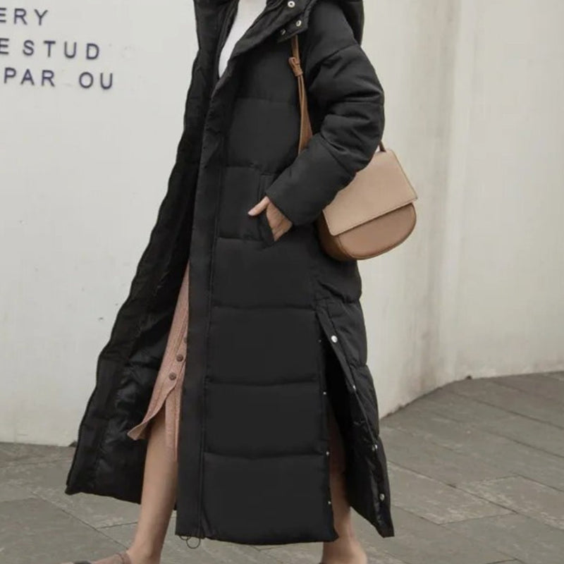 Hooded Maxi Puffer Coat for Women with Snap Button Side Slits in Black, side view