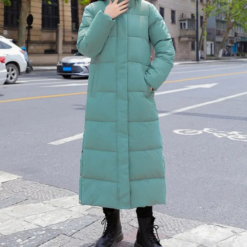Hooded Maxi Puffer Coat for Women with Snap Button Side Slits in Green, front view