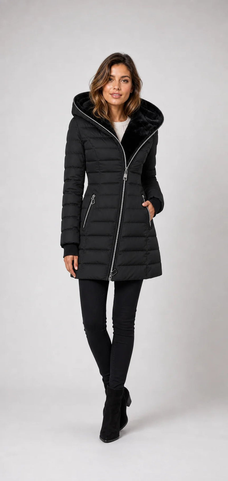 Sofaine Aurora quilted winter coat in black with faux-fur lined hood, worn front view