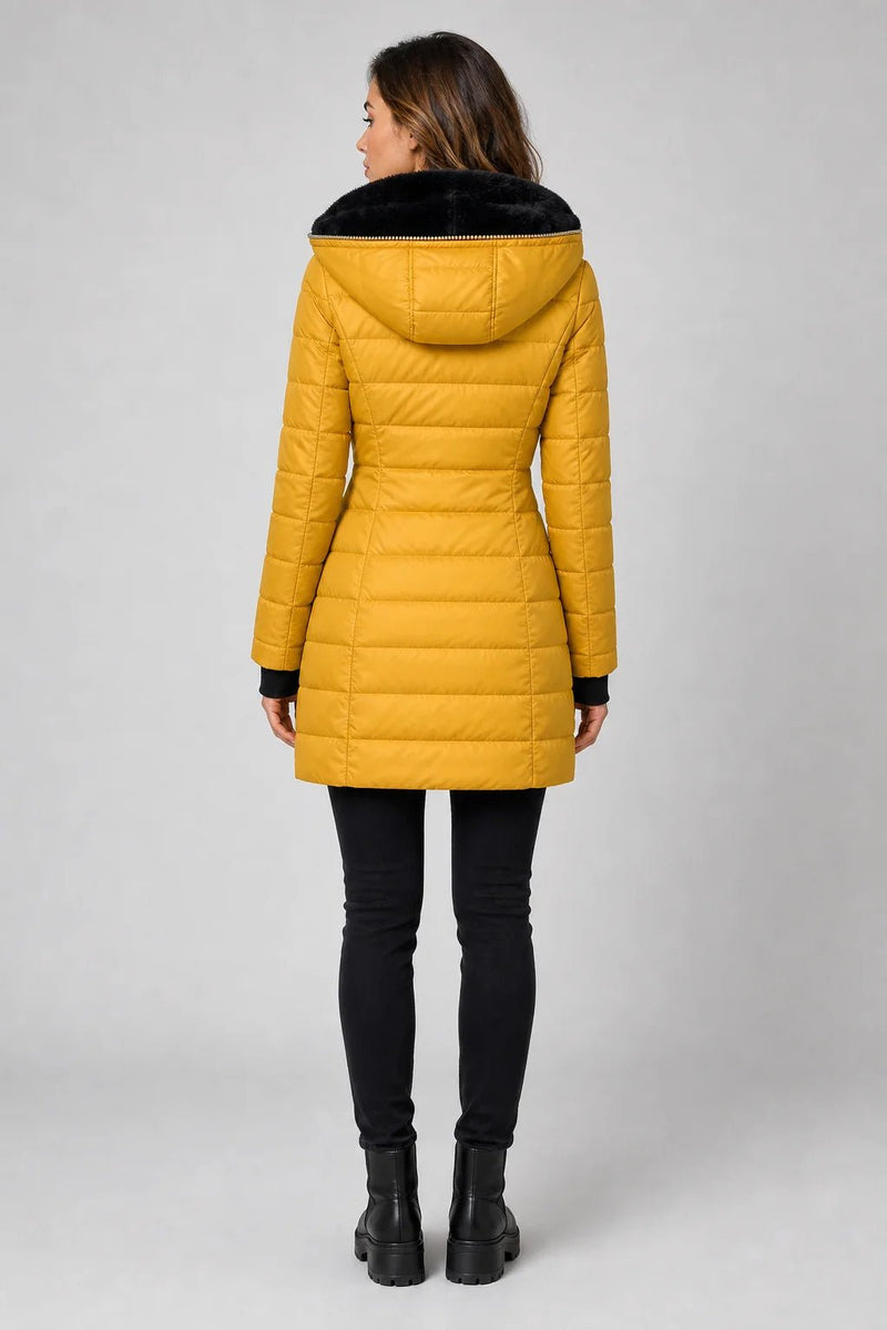 Sofaine Aurora quilted winter coat in mustard yellow with faux-fur hood, back view