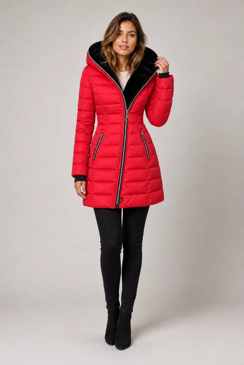 Sofaine Aurora quilted winter coat in red with black faux-fur hood, worn front view