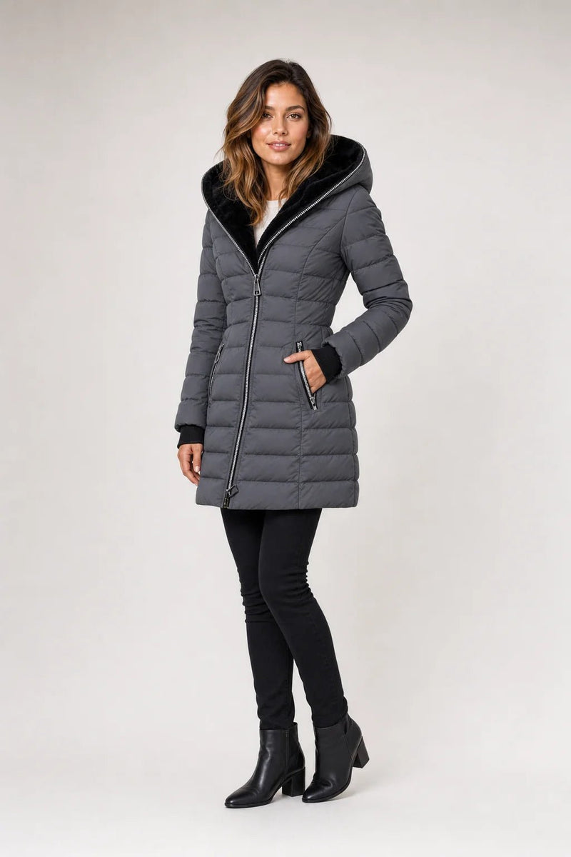 Sofaine Aurora quilted winter coat in gray with black faux-fur hood, worn front view