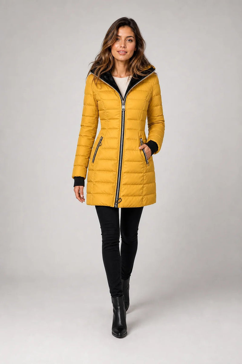Sofaine Aurora quilted winter coat in mustard yellow with asymmetric zip, full-length front view