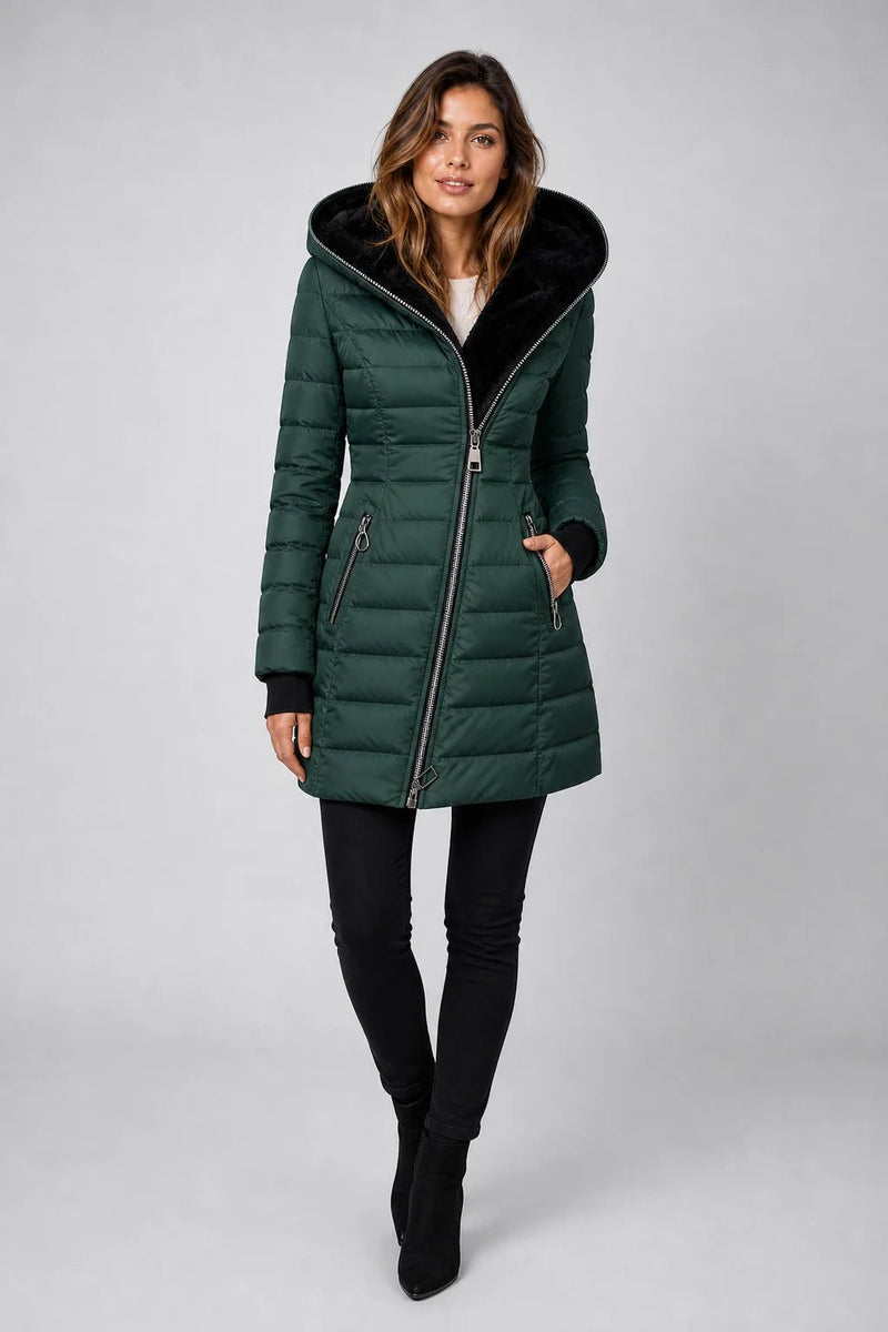 Sofaine Aurora quilted winter coat in dark green with black faux-fur hood, worn front view