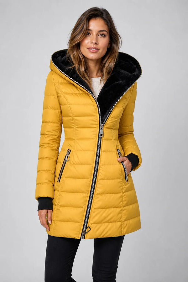 Sofaine Aurora quilted winter coat in mustard yellow with black faux-fur hood, close front view