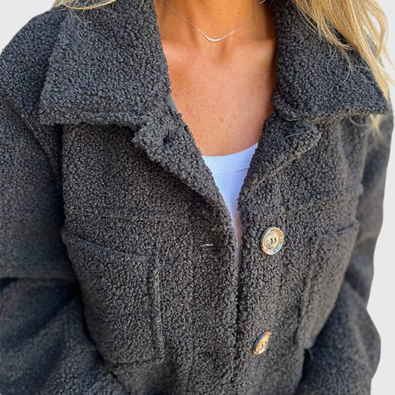 Button Up Sherpa Jacket for Women with Shirt Collar and Chest Pockets in Black, close-up