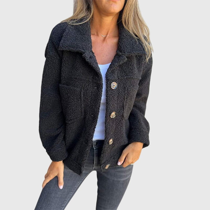Button Up Sherpa Jacket for Women with Shirt Collar and Chest Pockets in Black, front view 2