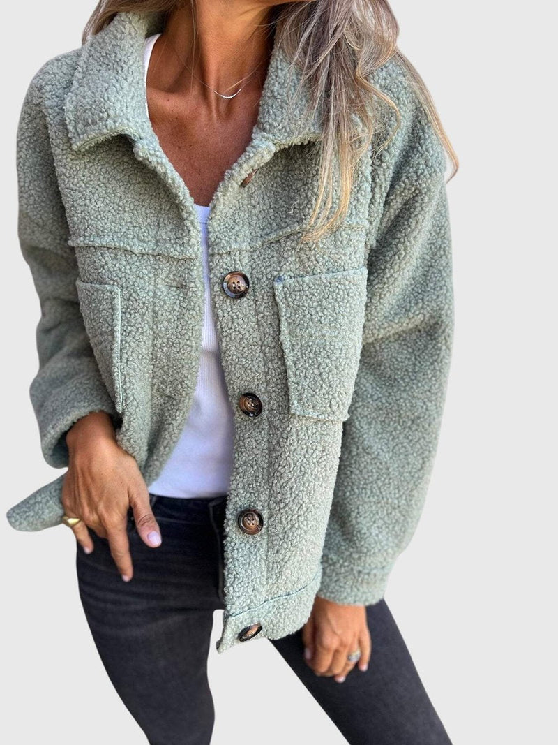 Button Up Sherpa Jacket for Women with Shirt Collar and Chest Pockets in Green, front view