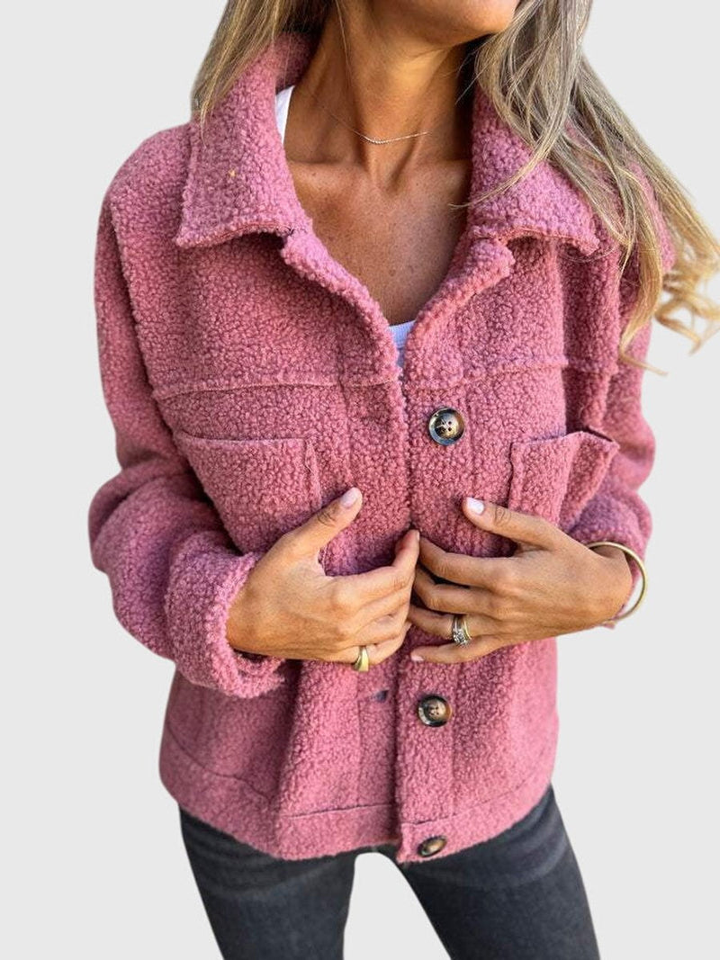 Button Up Sherpa Jacket for Women with Shirt Collar and Chest Pockets in Pink, front view