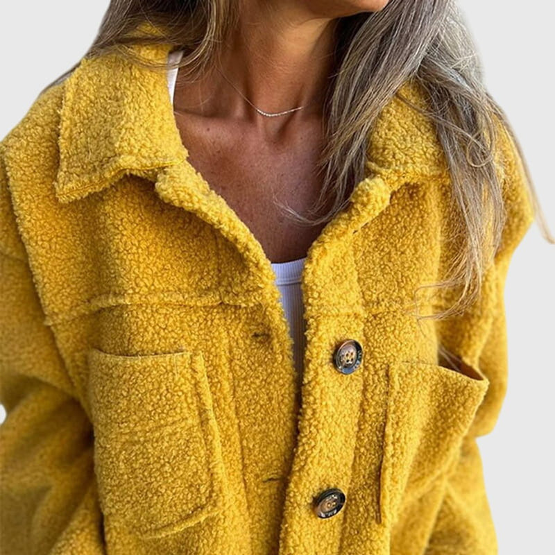 Button Up Sherpa Jacket for Women with Shirt Collar and Chest Pockets in Yellow, close-up