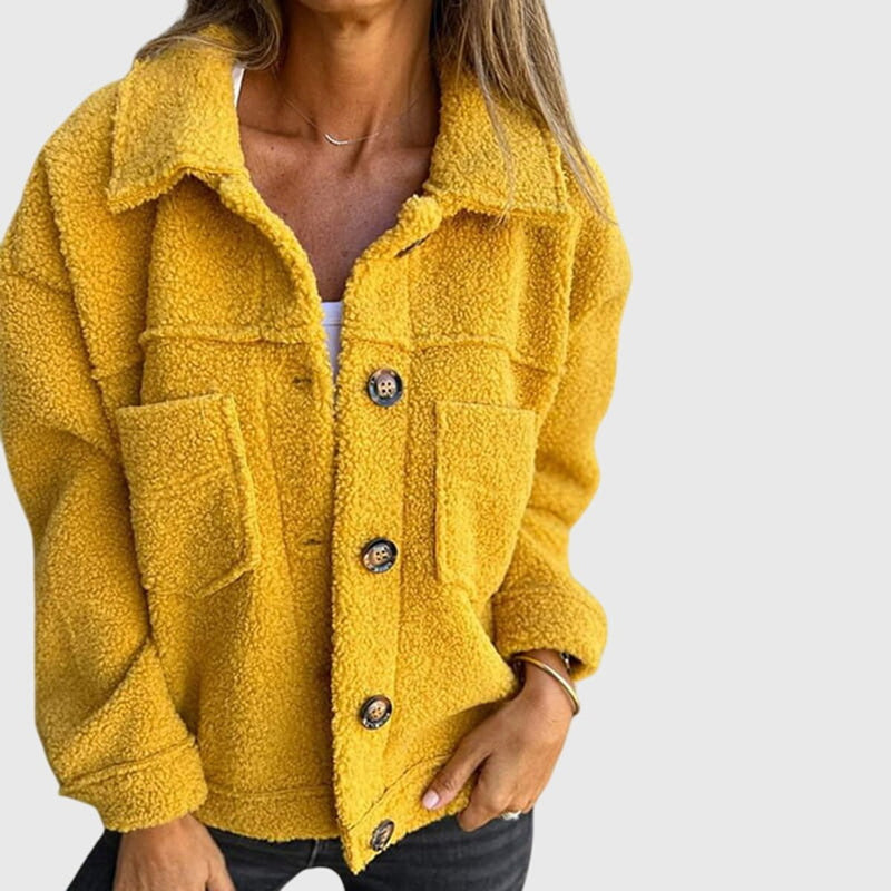 Button Up Sherpa Jacket for Women with Shirt Collar and Chest Pockets in Yellow, front view