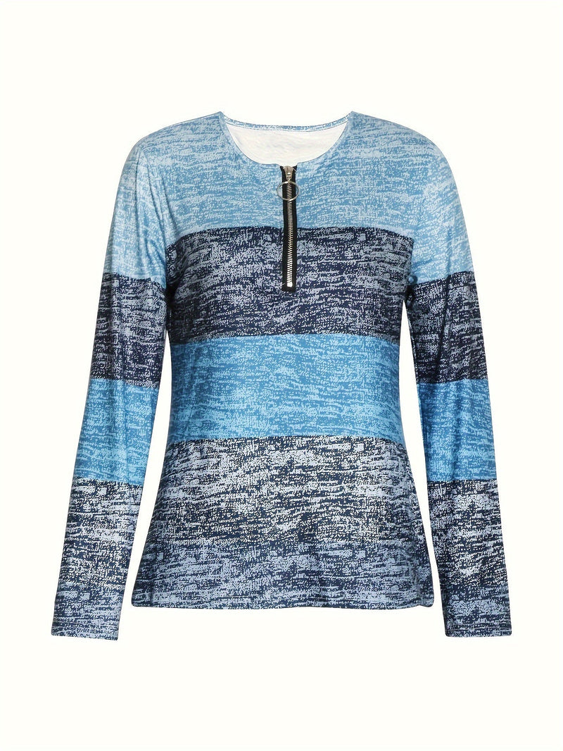 Colorblock Quarter Zip Pullover for Women with Ring Zip and Long Sleeves in Blue, flat lay front