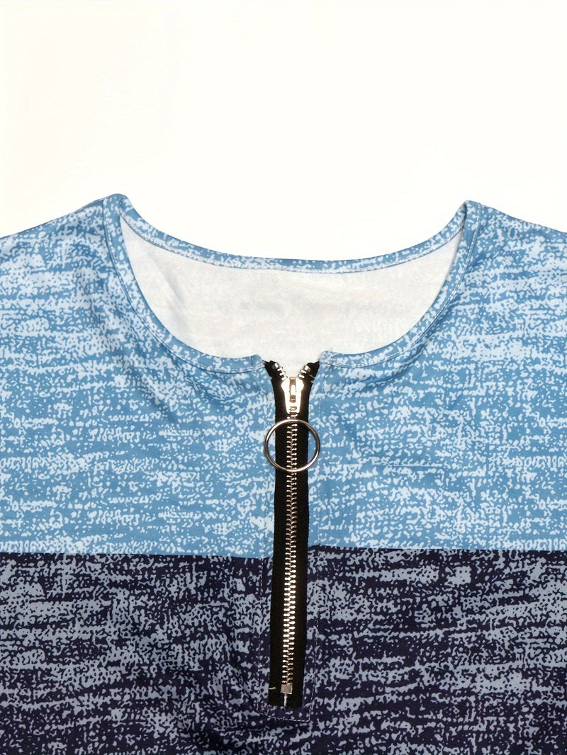 Colorblock Quarter Zip Pullover for Women with Ring Zip and Long Sleeves in Blue, zip detail