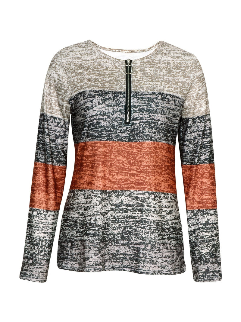Colorblock Quarter Zip Pullover for Women with Ring Zip and Long Sleeves in Brown, flat lay front