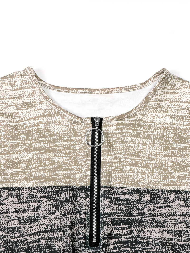 Colorblock Quarter Zip Pullover for Women with Ring Zip and Long Sleeves in Brown, zip detail