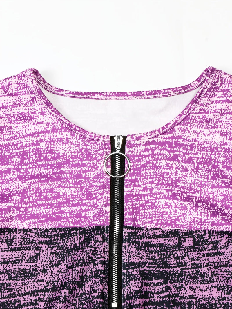 Colorblock Quarter Zip Pullover for Women with Ring Zip and Long Sleeves in Purple, zip detail
