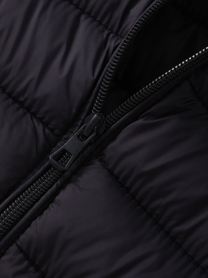Slim Fit Puffer Jacket for Women with Stand Collar and Full Zip in Black, zip close-up