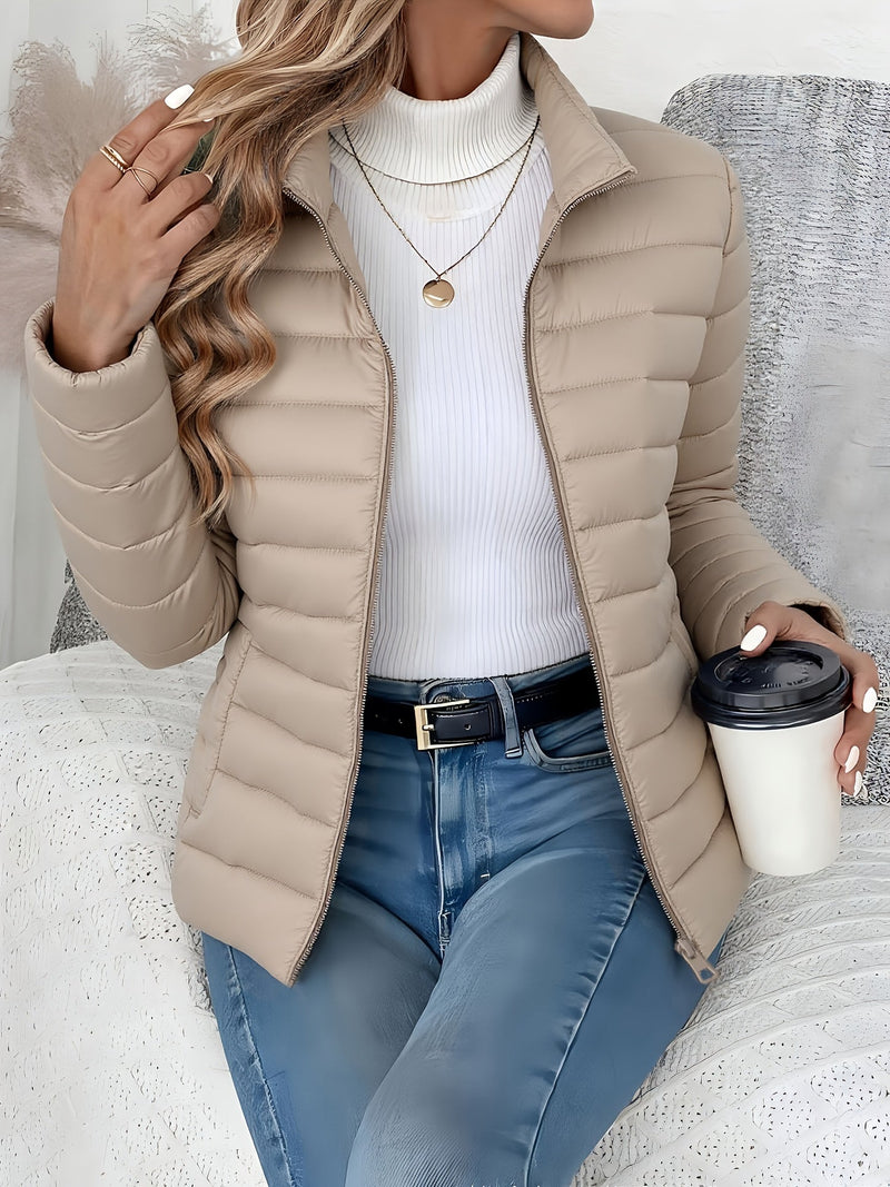 Slim Fit Puffer Jacket for Women with Stand Collar and Full Zip in Khaki, front view