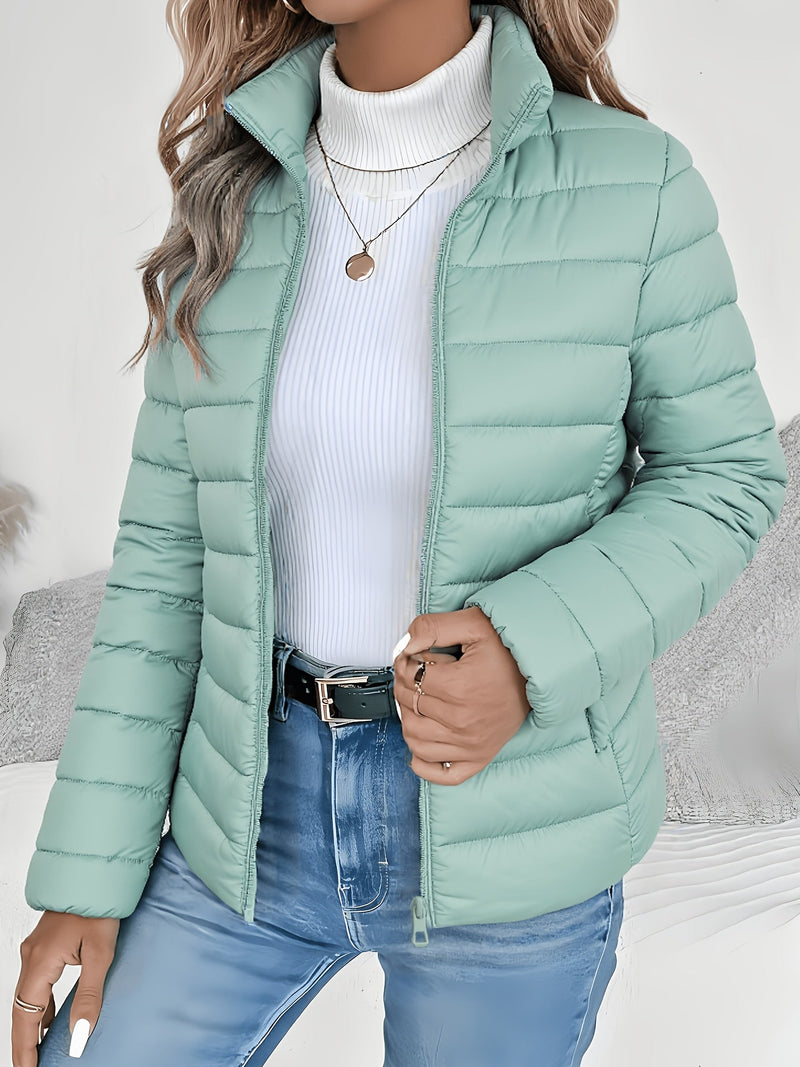 Slim Fit Puffer Jacket for Women with Stand Collar and Full Zip in Mint, front view
