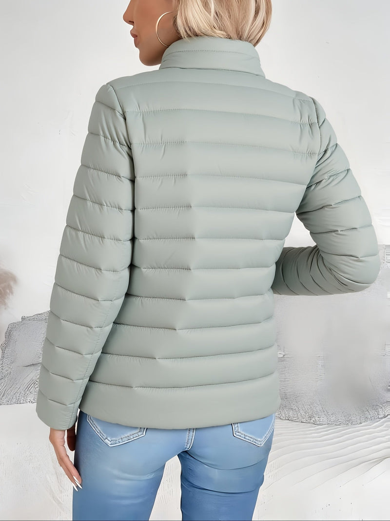 Slim Fit Puffer Jacket for Women with Stand Collar and Full Zip in Sage Green, back view