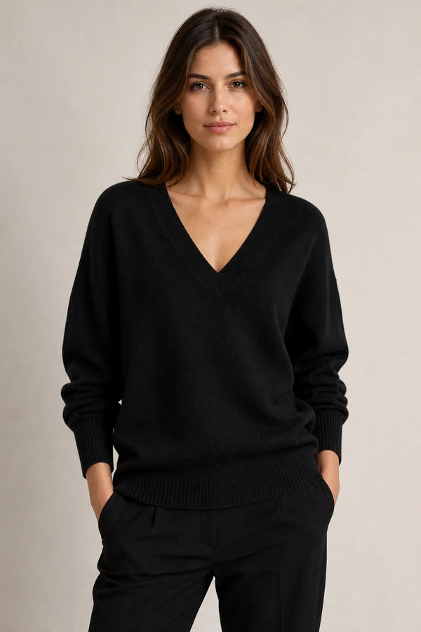 Sofaine Avery fine-knit V-neck sweater in Black, worn front hero