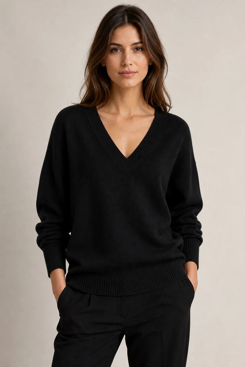 Sofaine Avery fine-knit V-neck sweater in Black, worn front hero