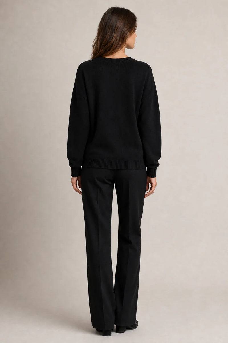 Sofaine Avery fine-knit V-neck sweater in Black, worn back