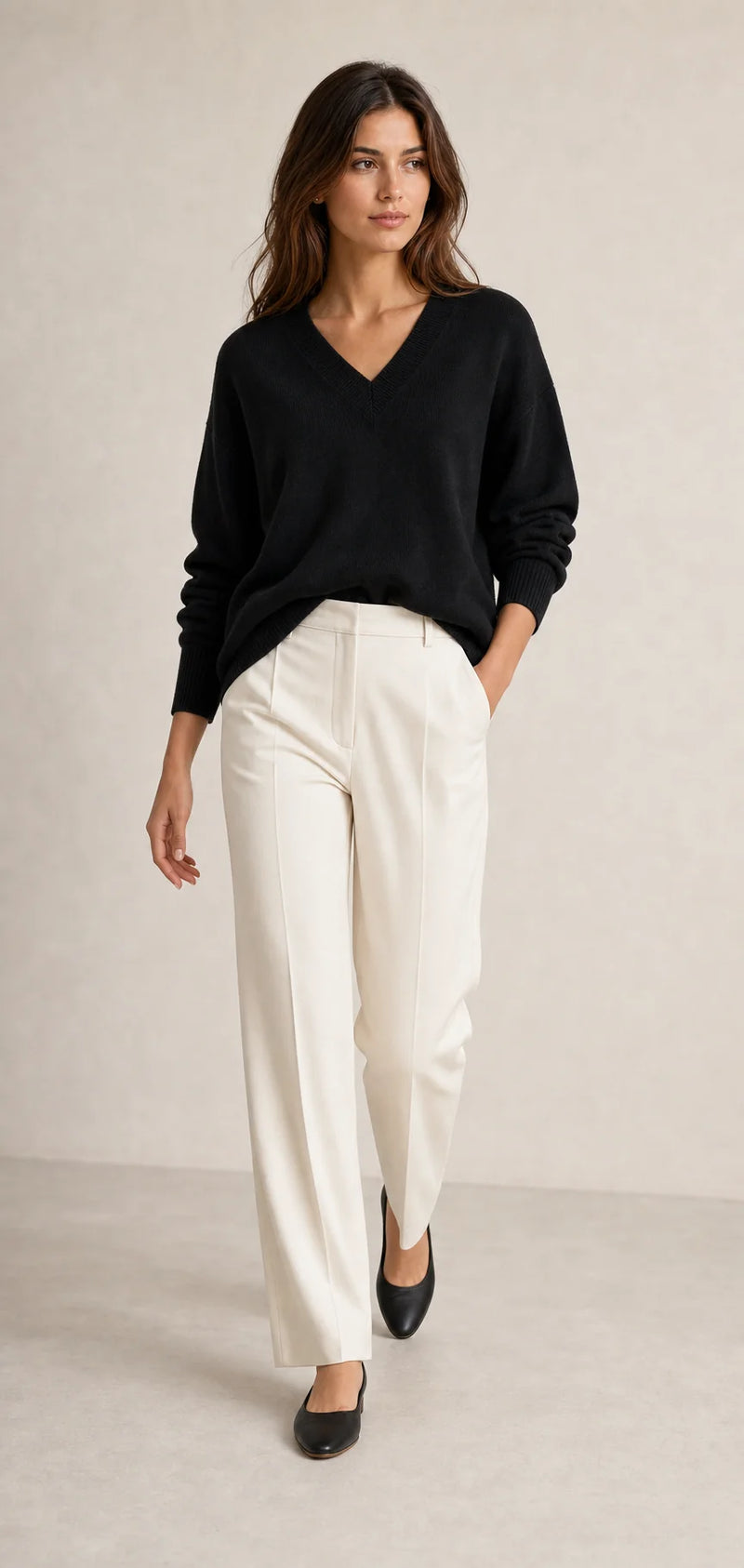Sofaine Avery fine-knit V-neck sweater in Black, styled full look