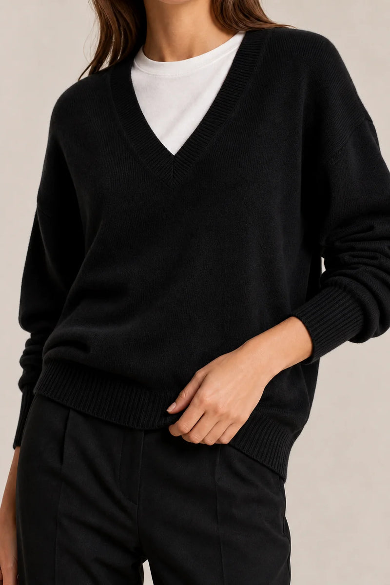 Sofaine Avery fine-knit V-neck sweater in Black, ribbed neckline detail