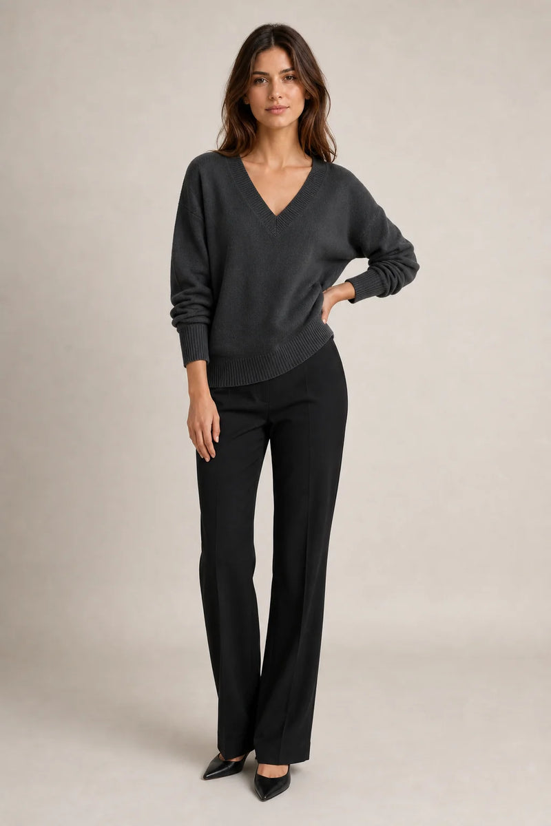 Sofaine Avery fine-knit V-neck sweater in Dark Gray, worn front