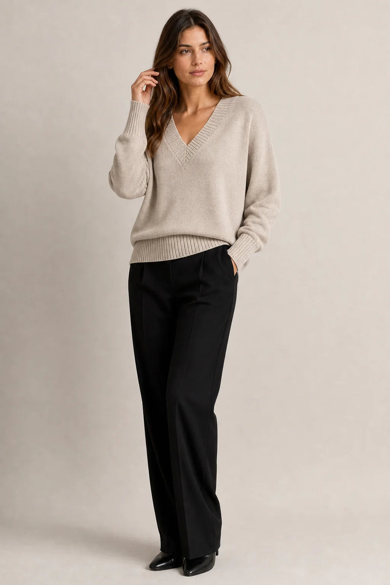 Sofaine Avery fine-knit V-neck sweater in Beige, worn front