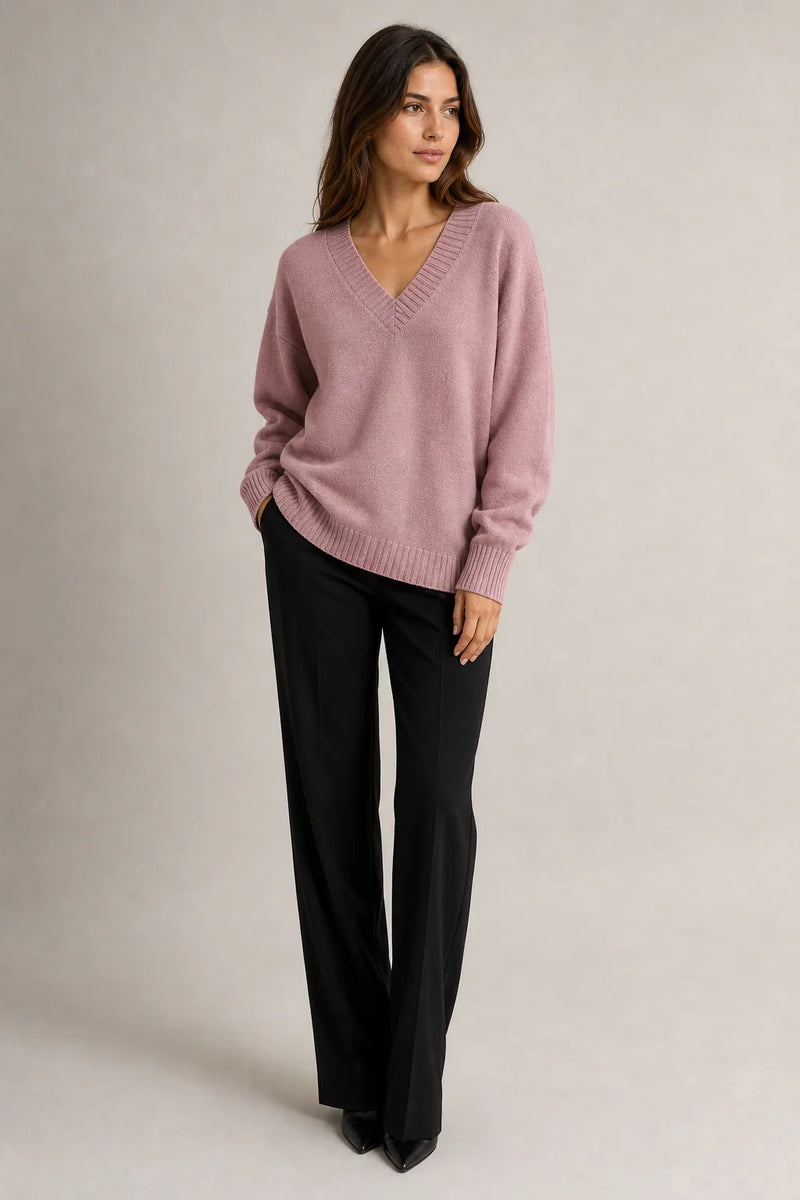 Sofaine Avery fine-knit V-neck sweater in Pink, worn front