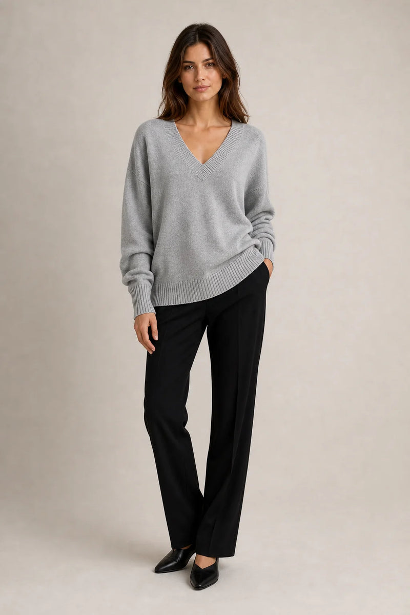 Sofaine Avery fine-knit V-neck sweater in Gray, worn front