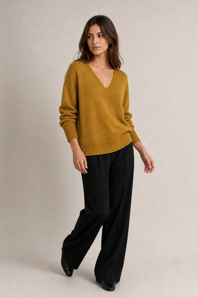 Sofaine Avery fine-knit V-neck sweater in Gold, worn front