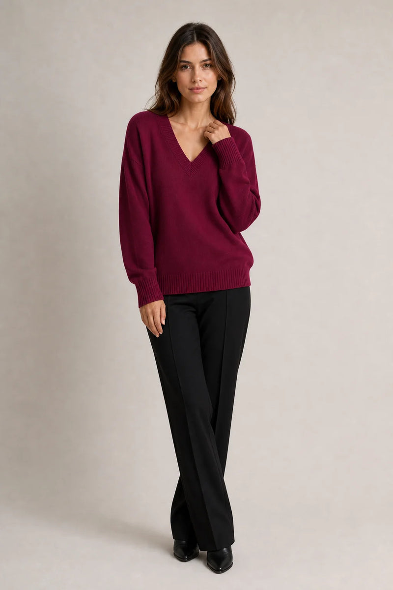 Sofaine Avery fine-knit V-neck sweater in Red, worn front