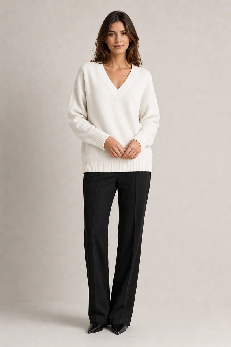 Sofaine Avery fine-knit V-neck sweater in White, worn front