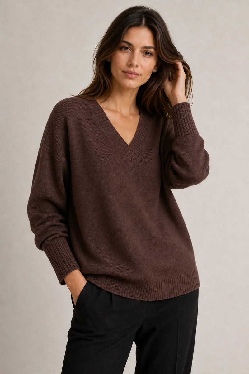 Sofaine Avery fine-knit V-neck sweater in Chestnut Brown, worn front