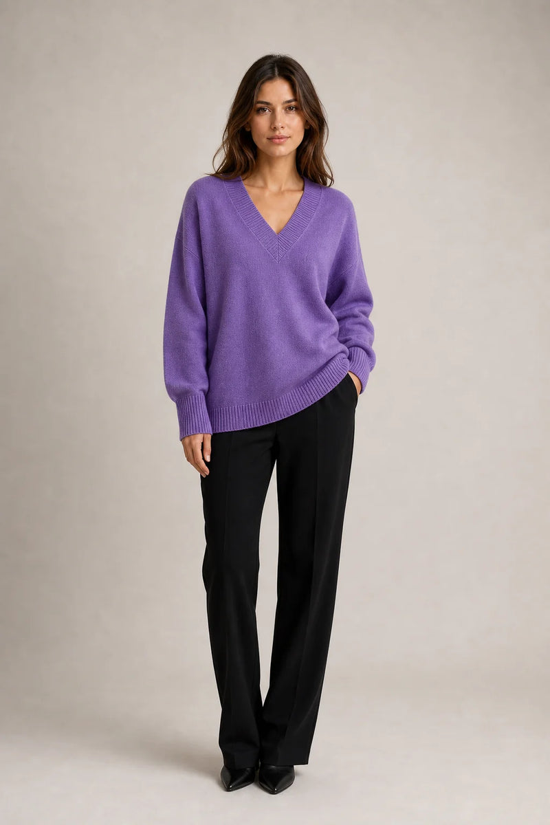 Sofaine Avery fine-knit V-neck sweater in Purple, worn front