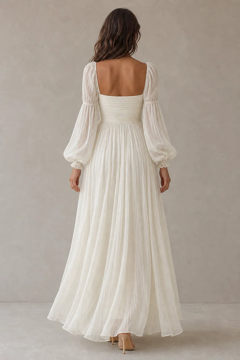 Sofaine Blair chiffon maxi dress in White, worn back with square back neckline