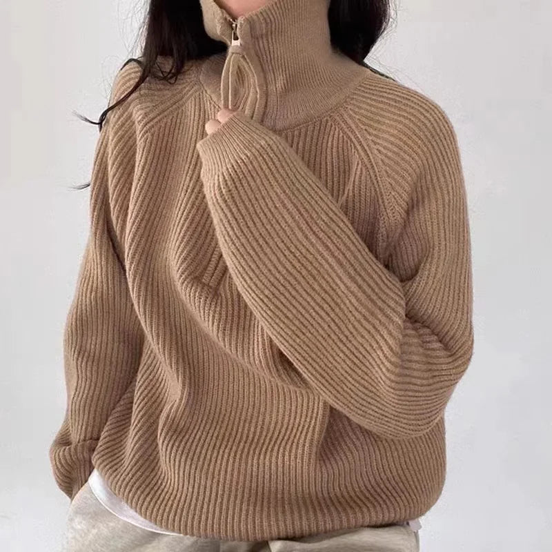 Oversized Quarter Zip Sweater for Women with Polo Collar and Rib Knit in Camel, front view