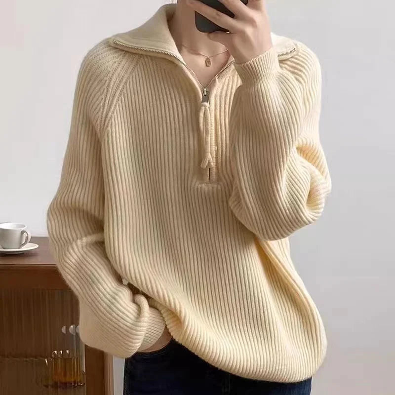 Oversized Quarter Zip Sweater for Women with Polo Collar and Rib Knit in Cream, front view
