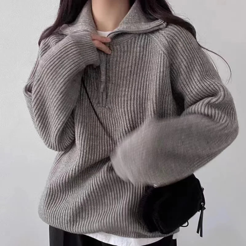 Oversized Quarter Zip Sweater for Women with Polo Collar and Rib Knit in Gray, front view