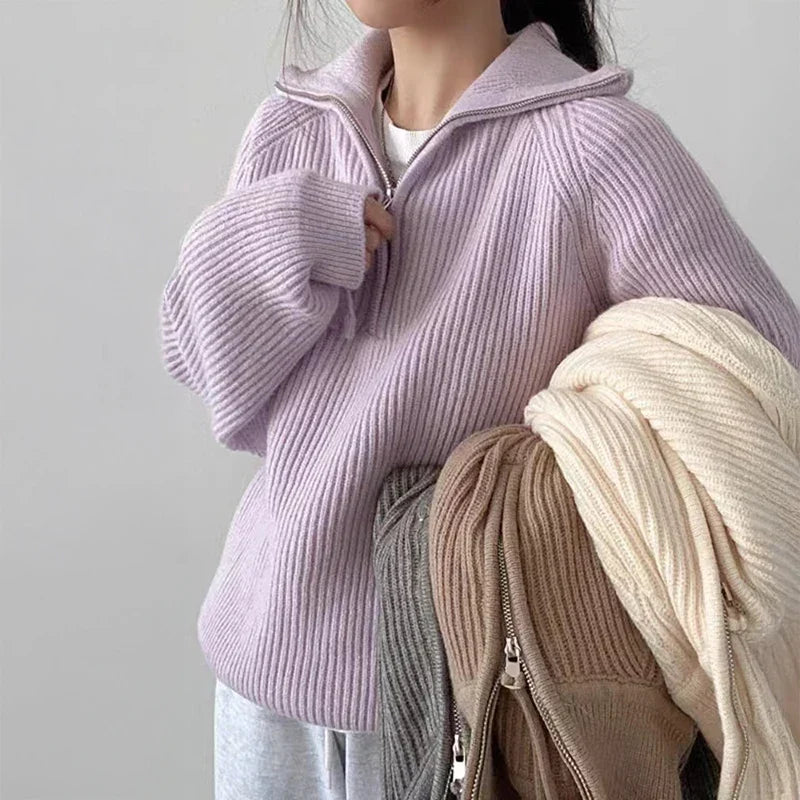 Oversized Quarter Zip Sweater for Women with Polo Collar and Rib Knit in Purple, styled front view