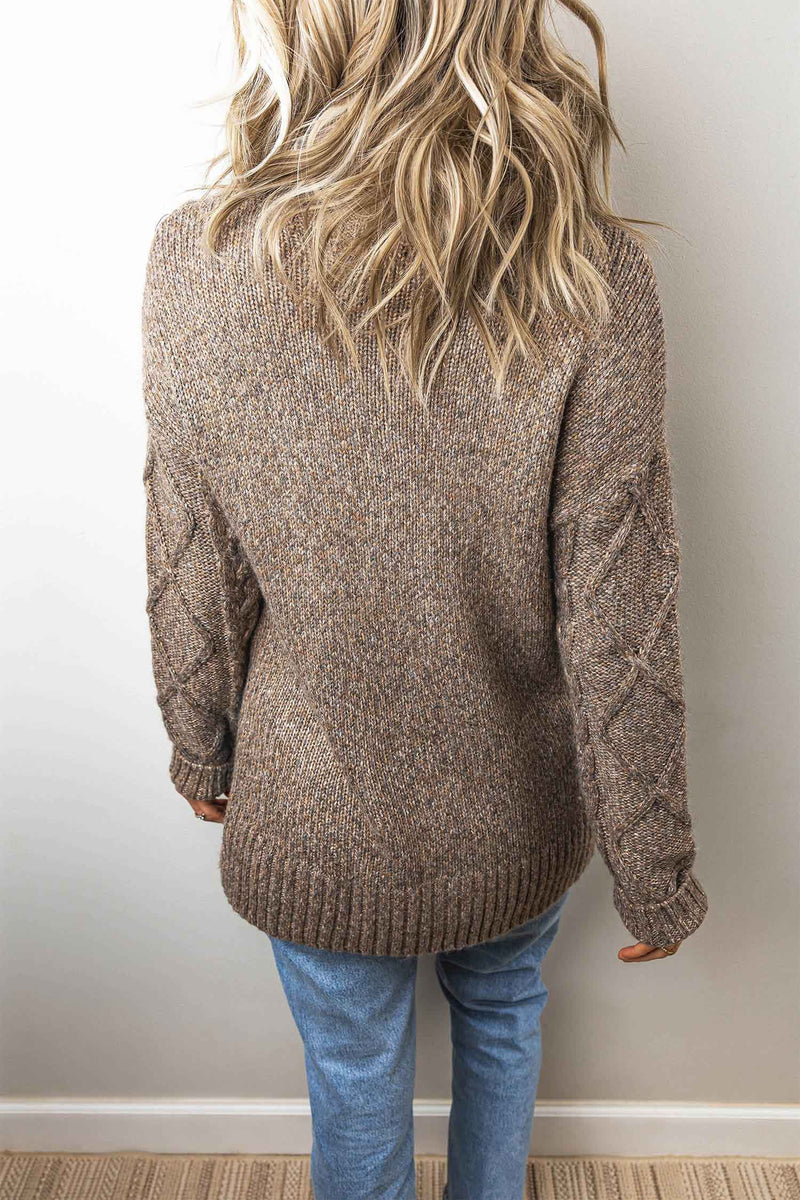 Cable Knit Turtleneck Sweater for Women with Side Slits and Drop Shoulders in Dark Khaki, back view
