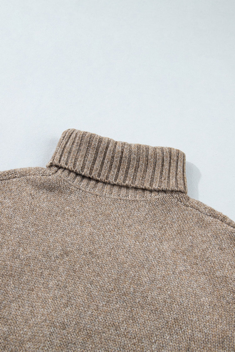 Cable Knit Turtleneck Sweater for Women with Side Slits and Drop Shoulders in Dark Khaki, collar detail