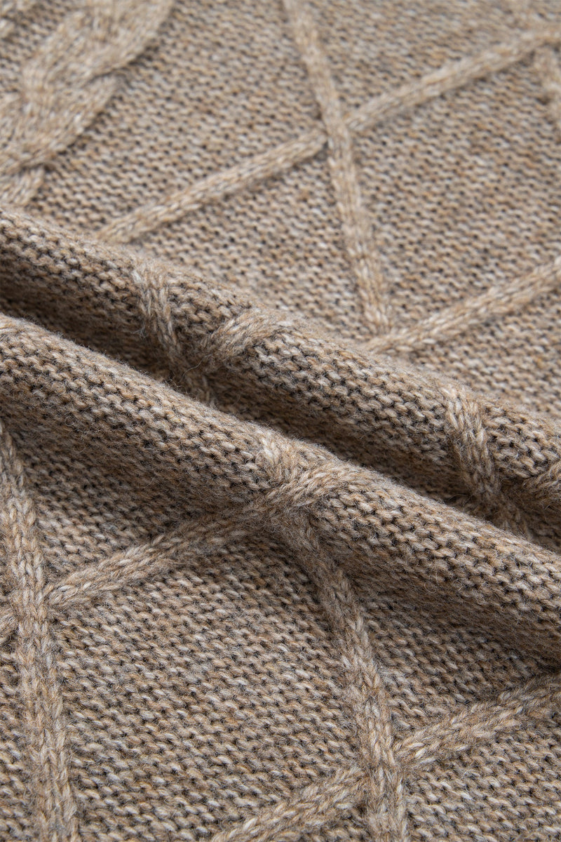 Cable Knit Turtleneck Sweater for Women with Side Slits and Drop Shoulders in Dark Khaki, fabric close-up