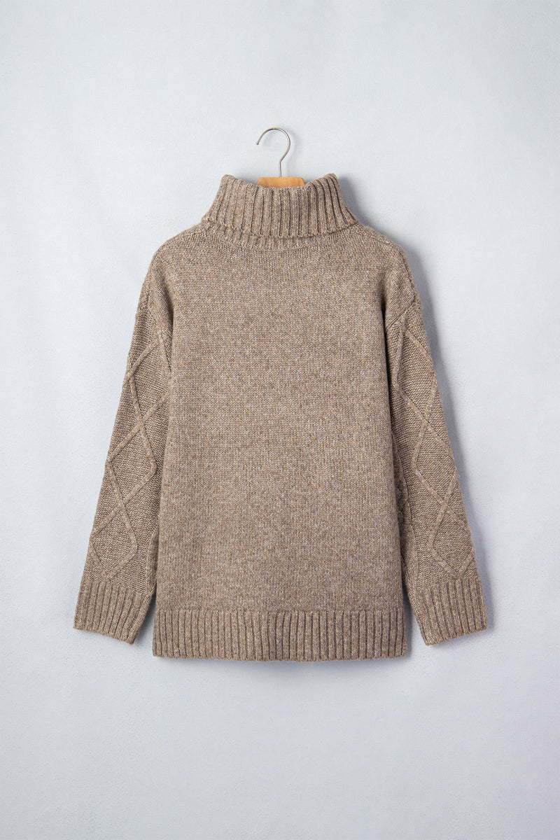 Cable Knit Turtleneck Sweater for Women with Side Slits and Drop Shoulders in Dark Khaki, hanger back view